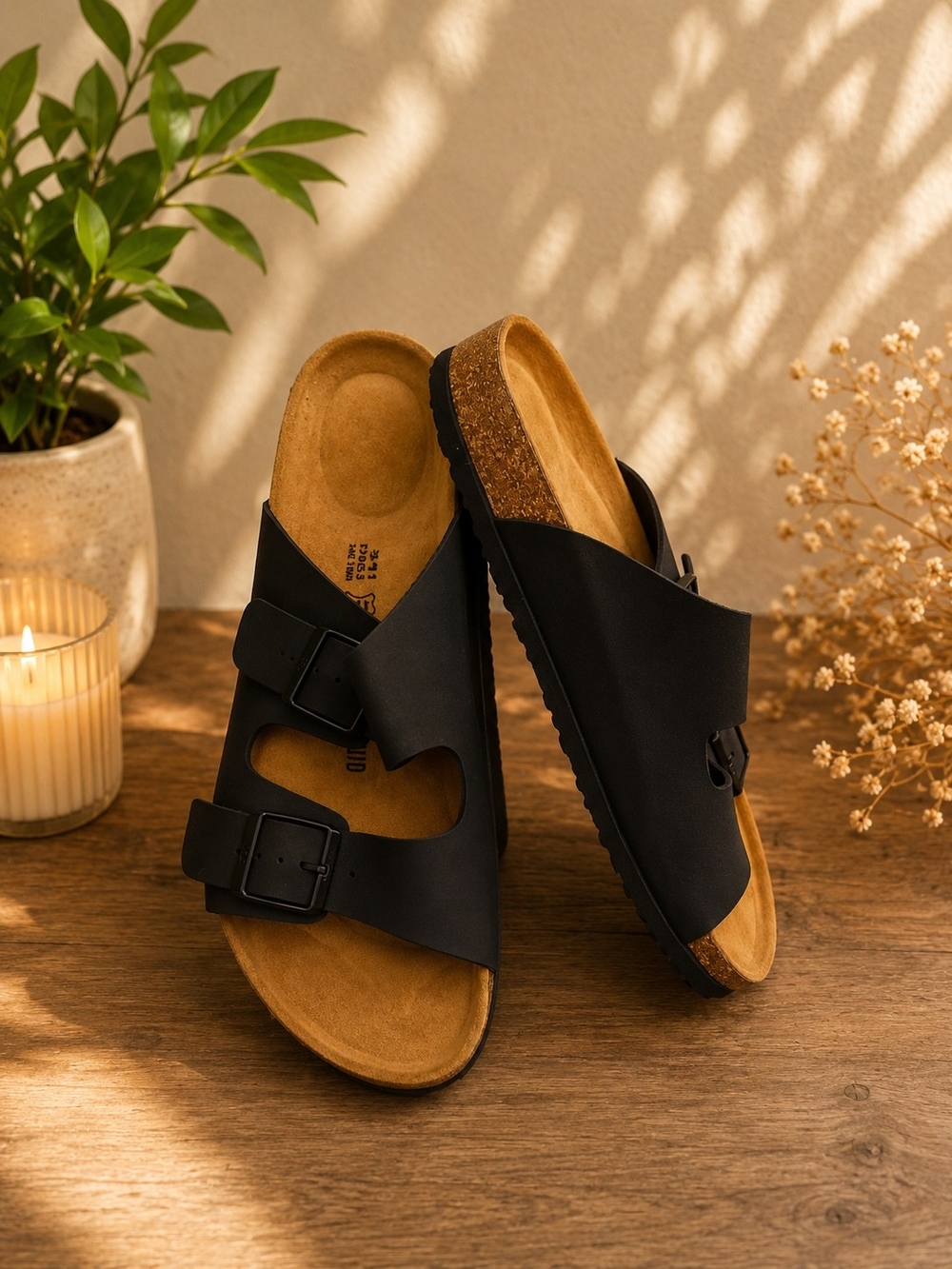Men's Black Dual-Strap Cork Slide Sandals